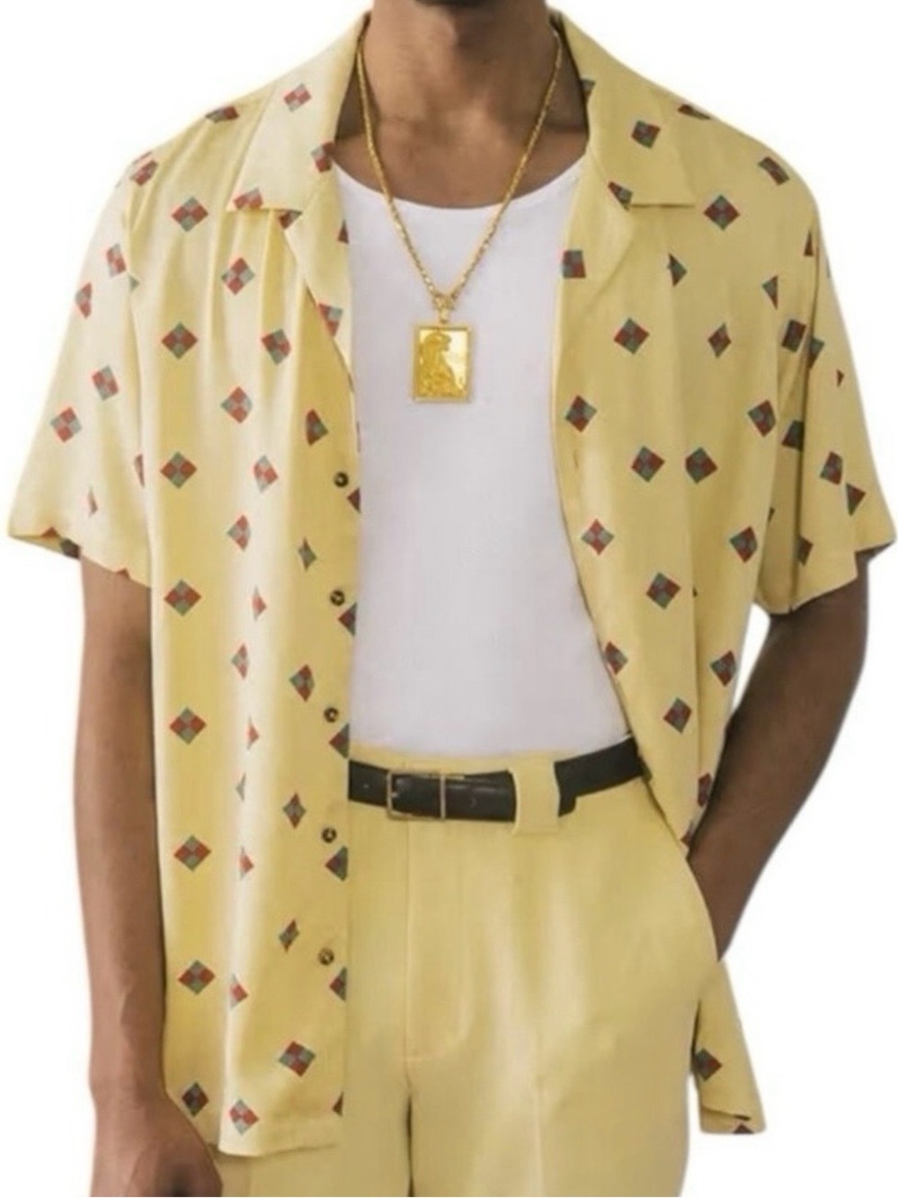 Bogey Boys Men’s S/M Rectangle Yellow Diamond Button-Up Golf Shirt Camp Collar